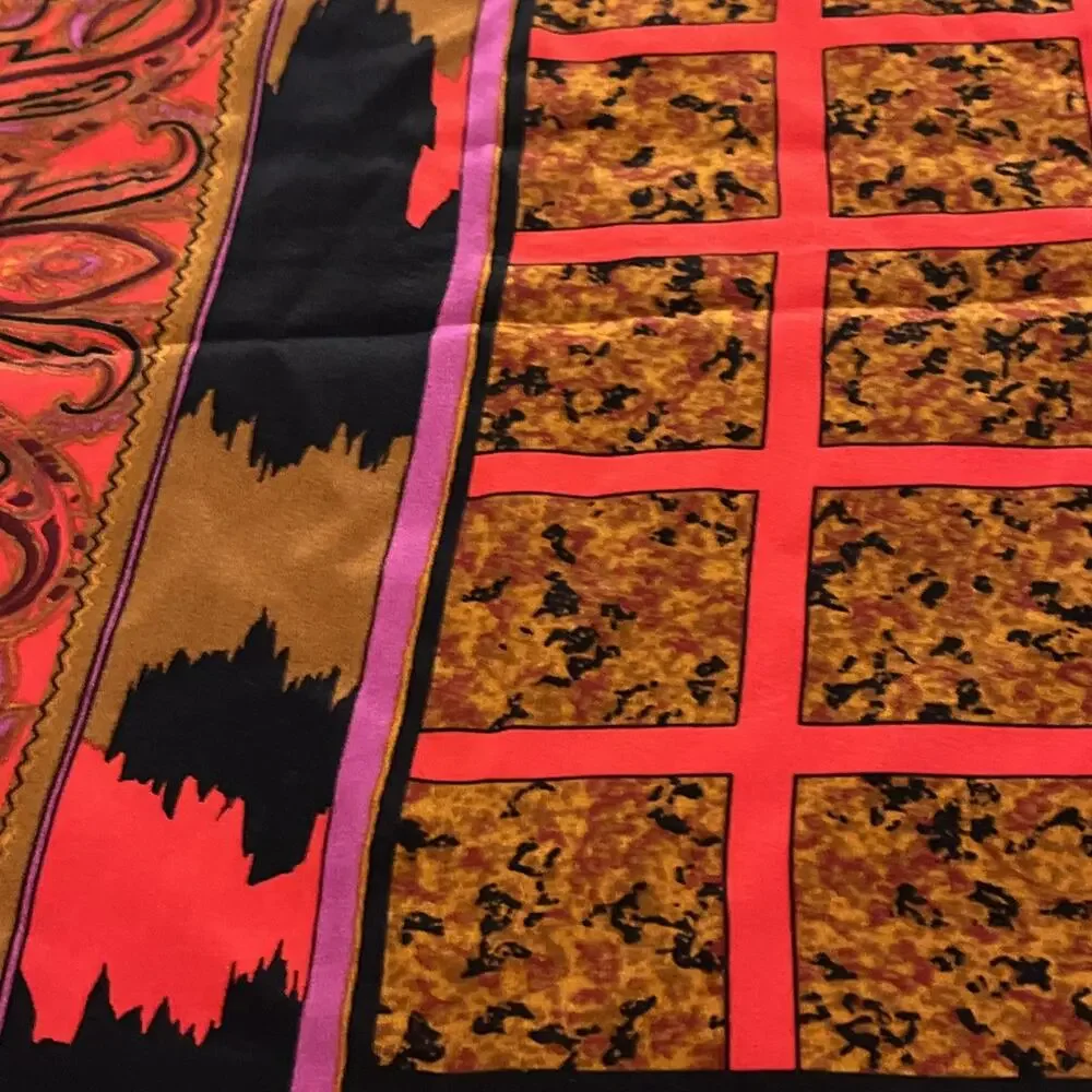 Vintage Red Black Brown Paisley Geometric Scarf 34x35 Square 1980s 1990s